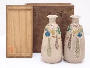 古物　京焼　秀山造　金彩色絵瓢箪図徳利一対